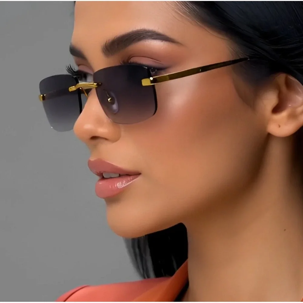 Rimless Sunglasses Gold Frame Black Lens Rectangle Fashion Sun Glasses Women New